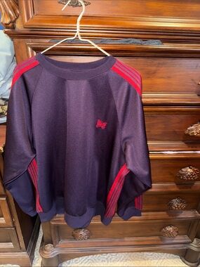 Needles Men's Dark Purple Crewneck Sweater with Red Stripes